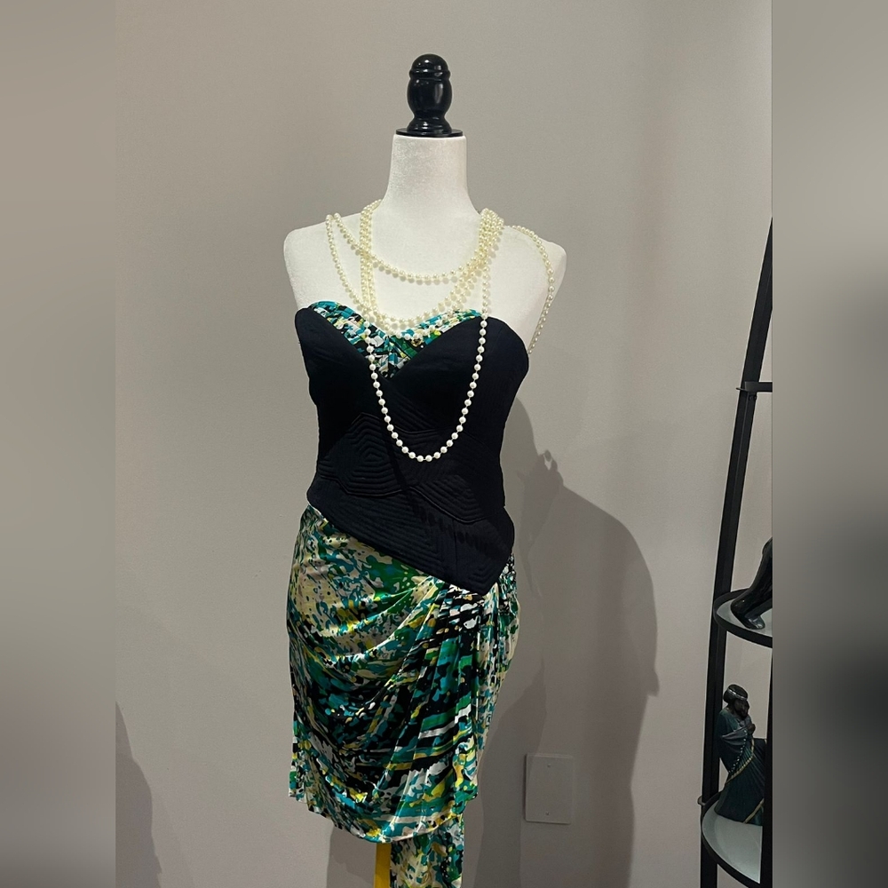 BCBGMaxAzria Black and Green Strapless Cocktail Dress